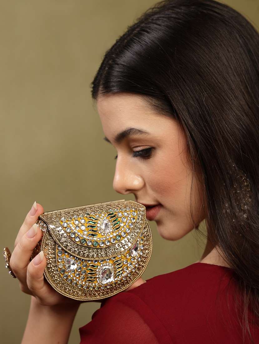 Gold Metal Embellished Party Clutch With Snap Closure - 22761273 -  Standard Image - 1