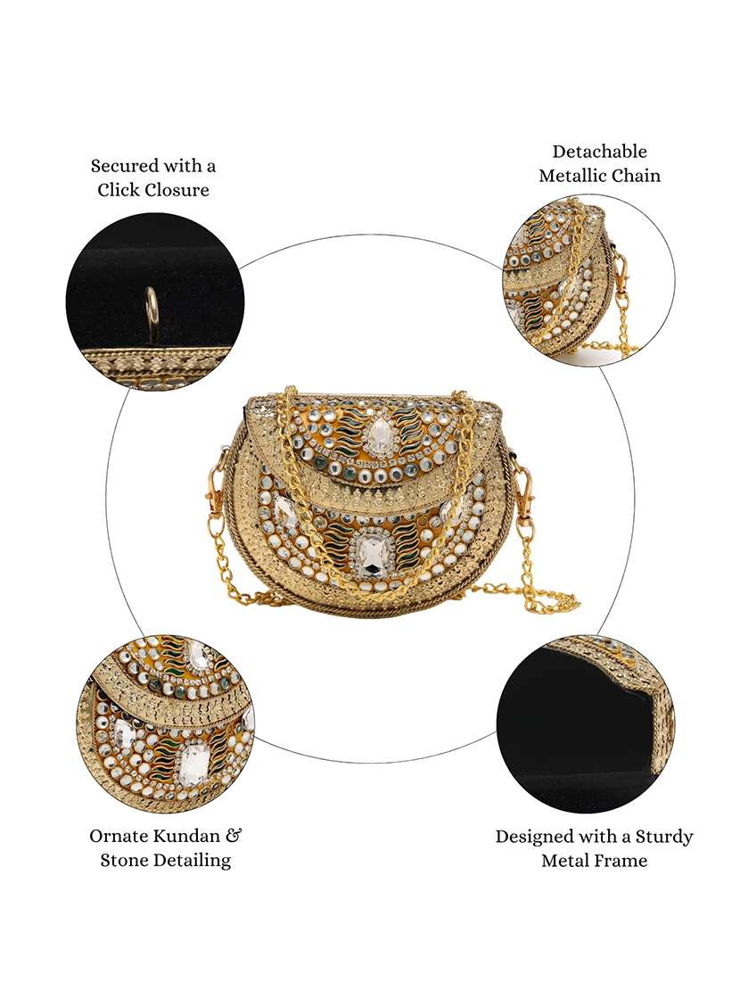 Gold Metal Embellished Party Clutch With Snap Closure - 22761273 -  Standard Image - 4