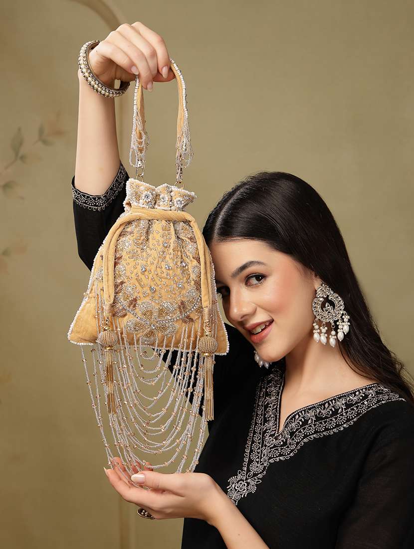 Beige Suede Embellished Potli Bag For Party - 22761288 -  Standard Image - 1