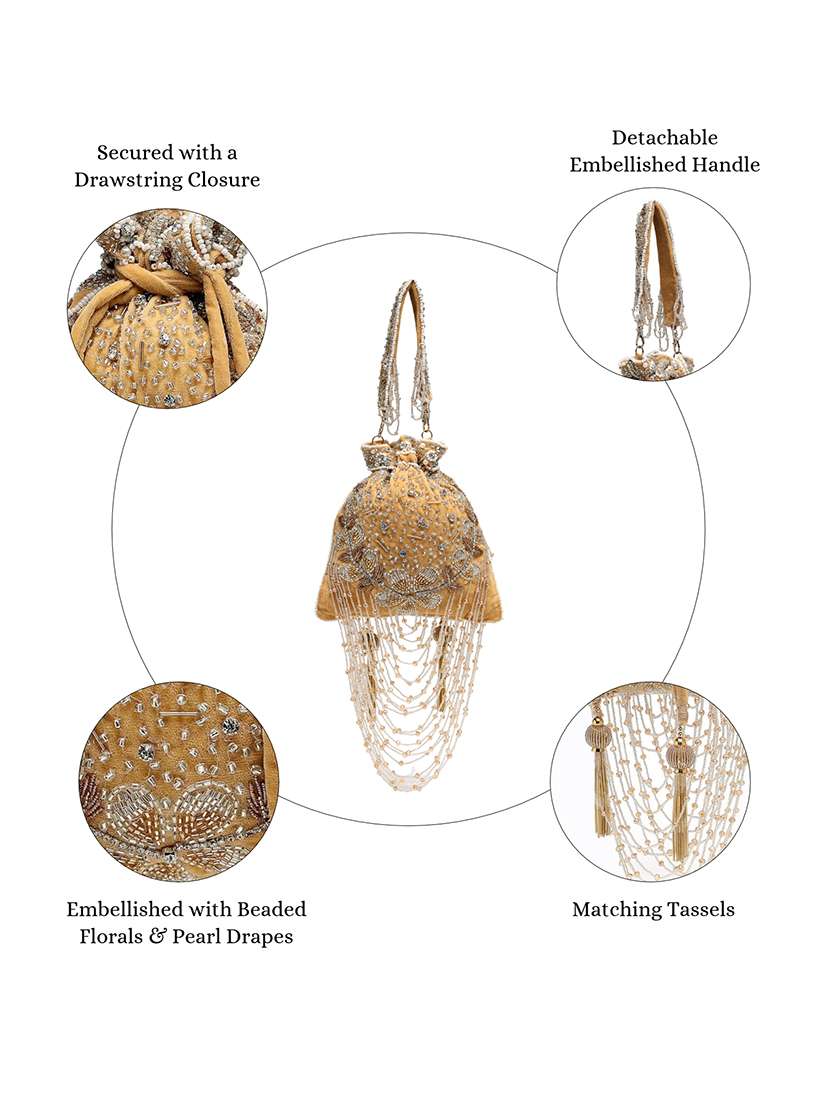 Beige Suede Embellished Potli Bag For Party - 22761288 -  Standard Image - 4