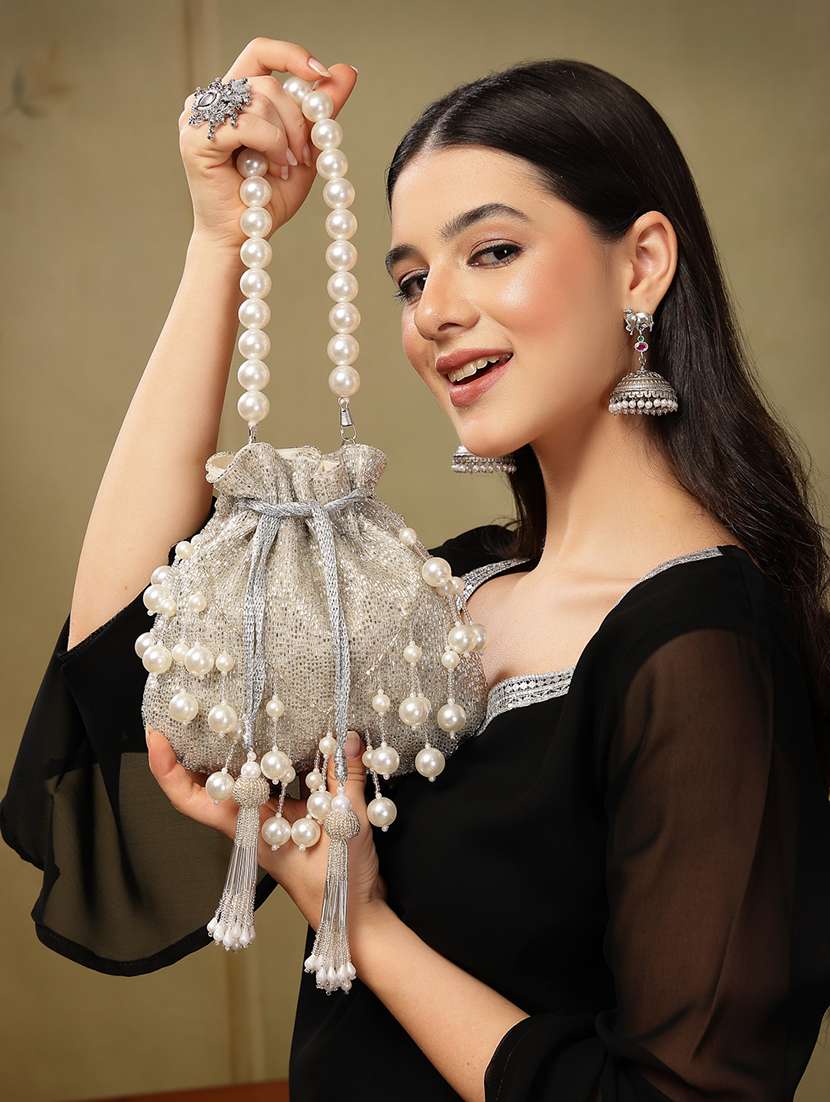 Silver Faux Silk Embellished Potli Bag With Pearl Handle - 22761289 -  Standard Image - 1