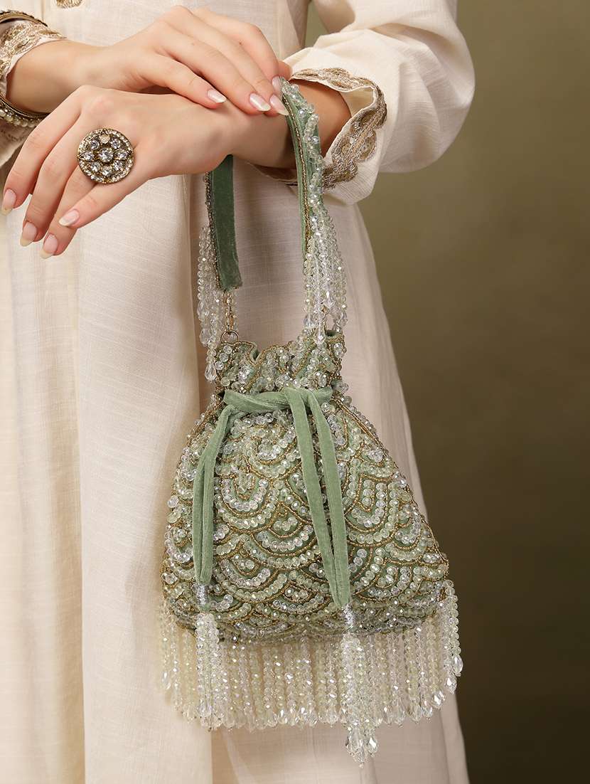 Green Velvet Embellished Potli Bag With Drawstring Closure - 22761291 -  Standard Image - 1