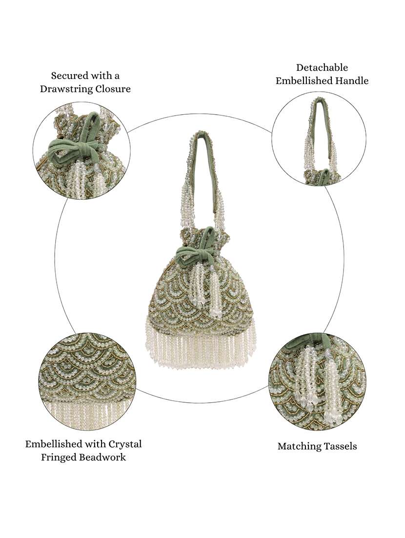 Green Velvet Embellished Potli Bag With Drawstring Closure - 22761291 -  Standard Image - 4