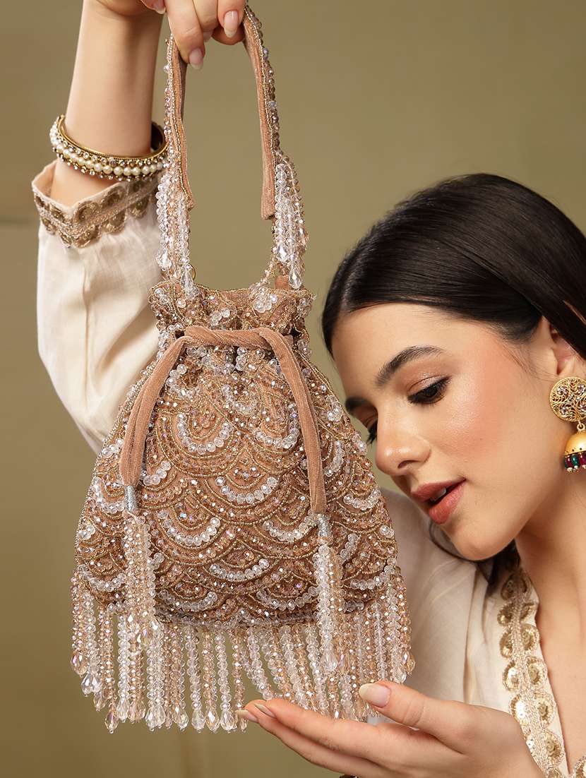 Brown Embellished Velvet Potli Bag With Drawstring Closure - 22761292 -  Standard Image - 1