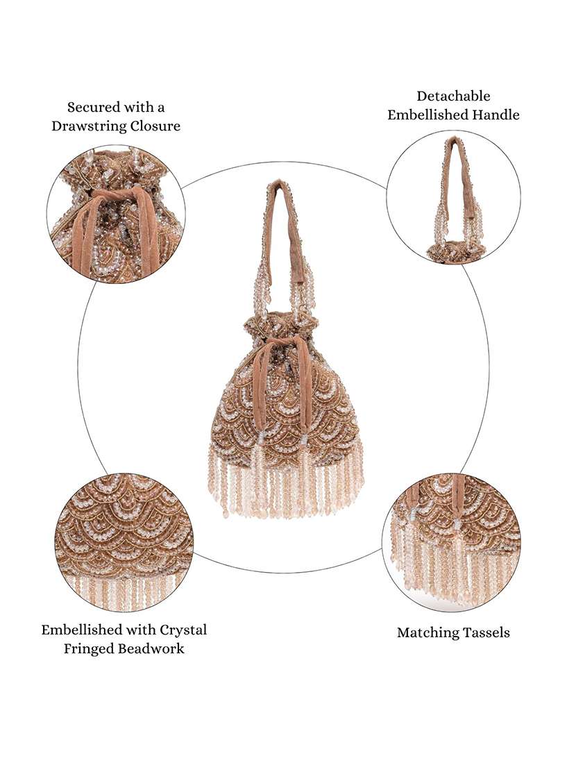 Brown Embellished Velvet Potli Bag With Drawstring Closure - 22761292 -  Standard Image - 4