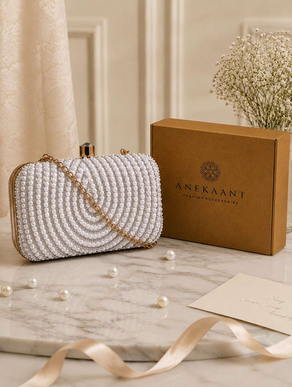 white embellished box clutch bag with chain strap