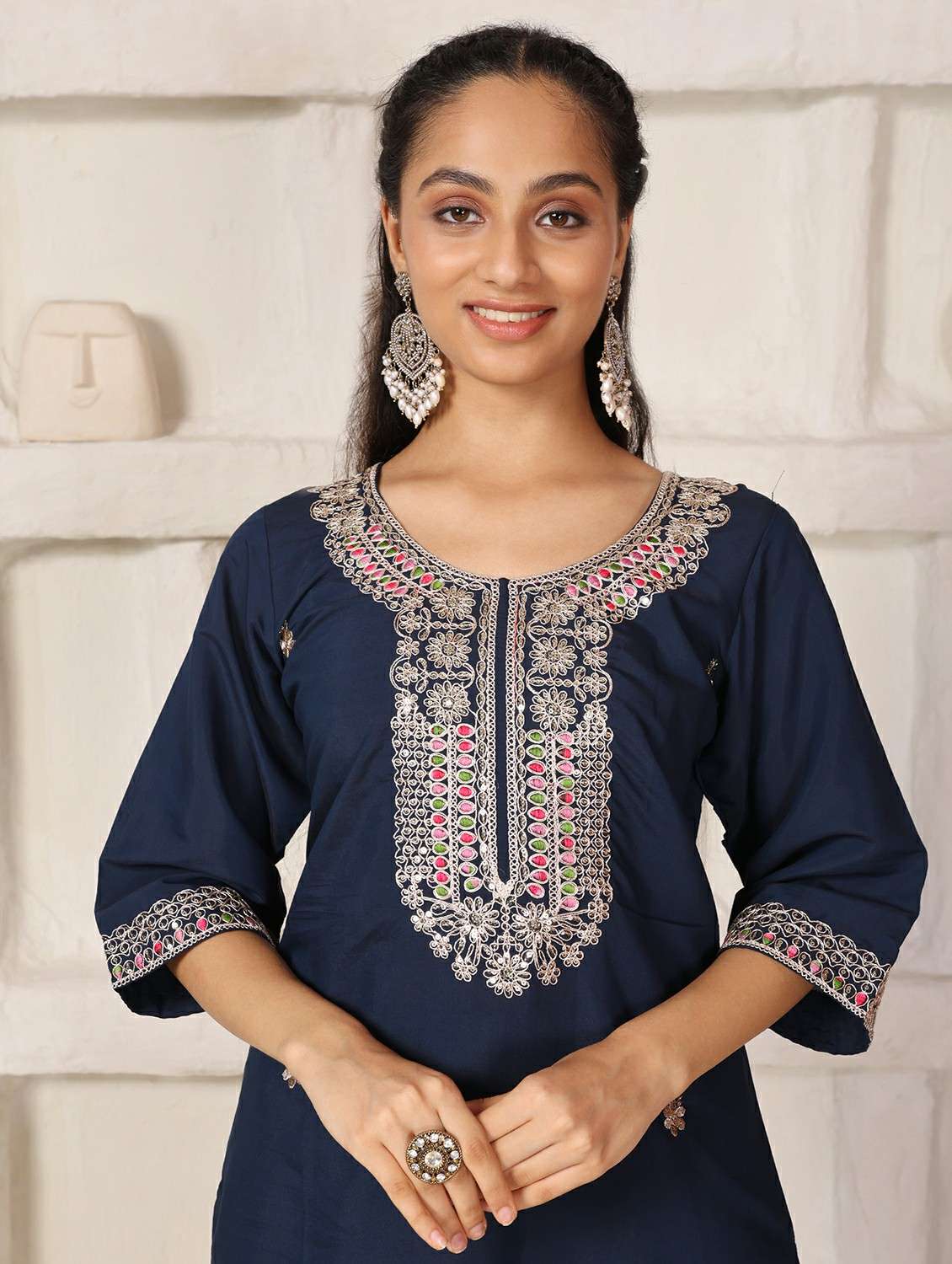 Women Solid With Work Three Quarter Sleeve Kurta Pant With Dupatta Set - 22765771 -  Standard Image - 1