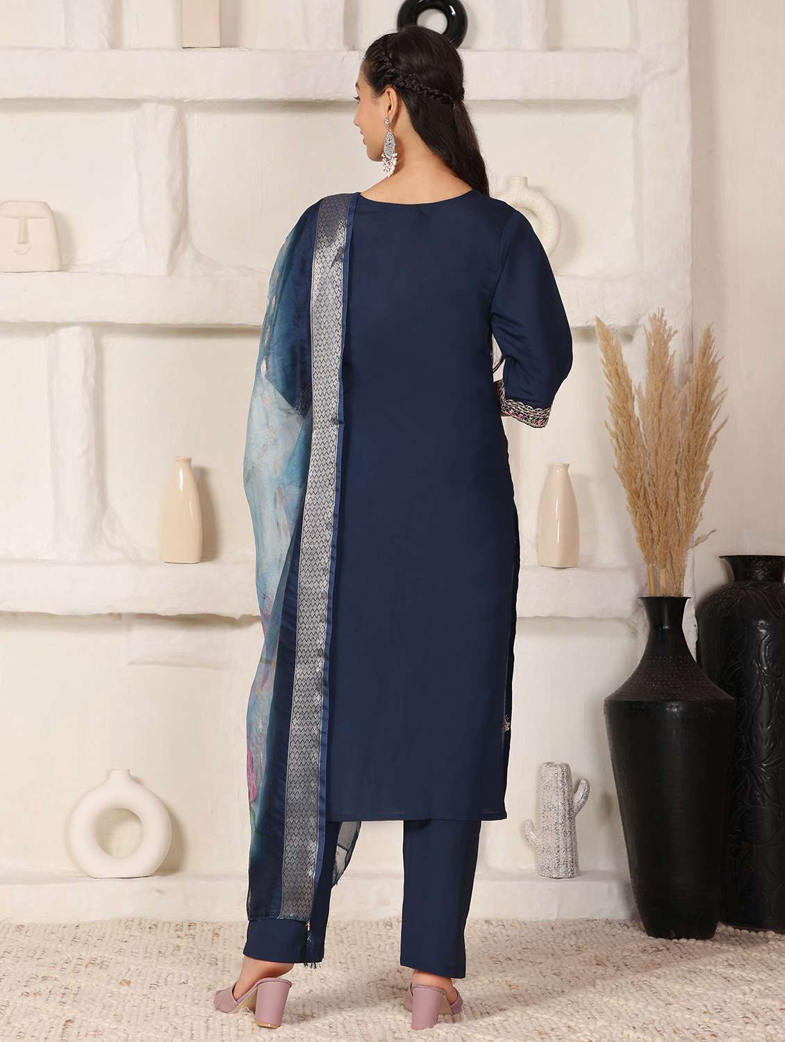 Women Solid With Work Three Quarter Sleeve Kurta Pant With Dupatta Set - 22765771 -  Standard Image - 4