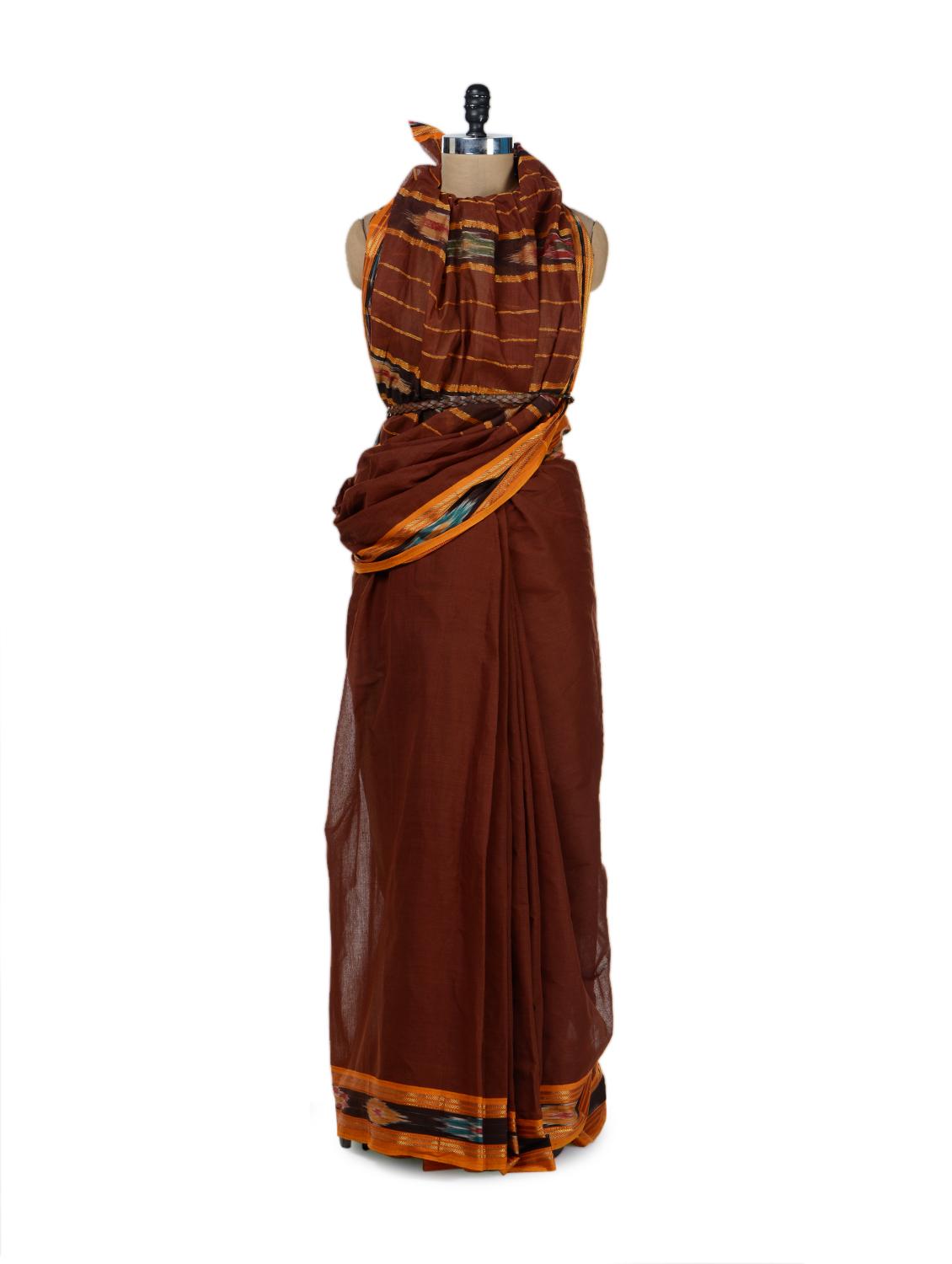Earthy Brown Cotton Saree With Ikat Border - Desiweaves