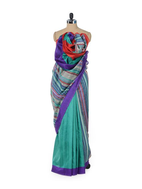 Bright Yellow Saree With Multicolored Stripes - ROOP KASHISH