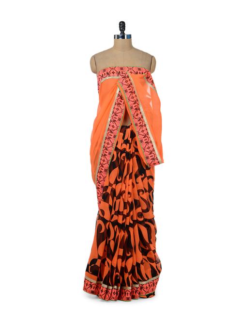 Bright Orange Paisley Print Saree - ROOP KASHISH