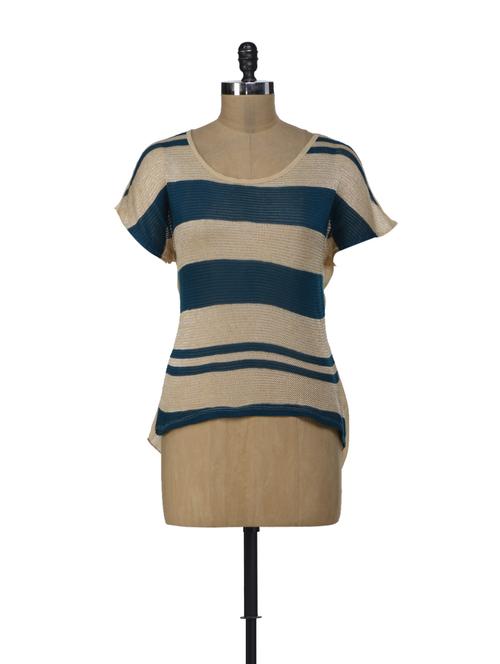 Beige And Teal Blue Top With Back Slit - ShopImagine