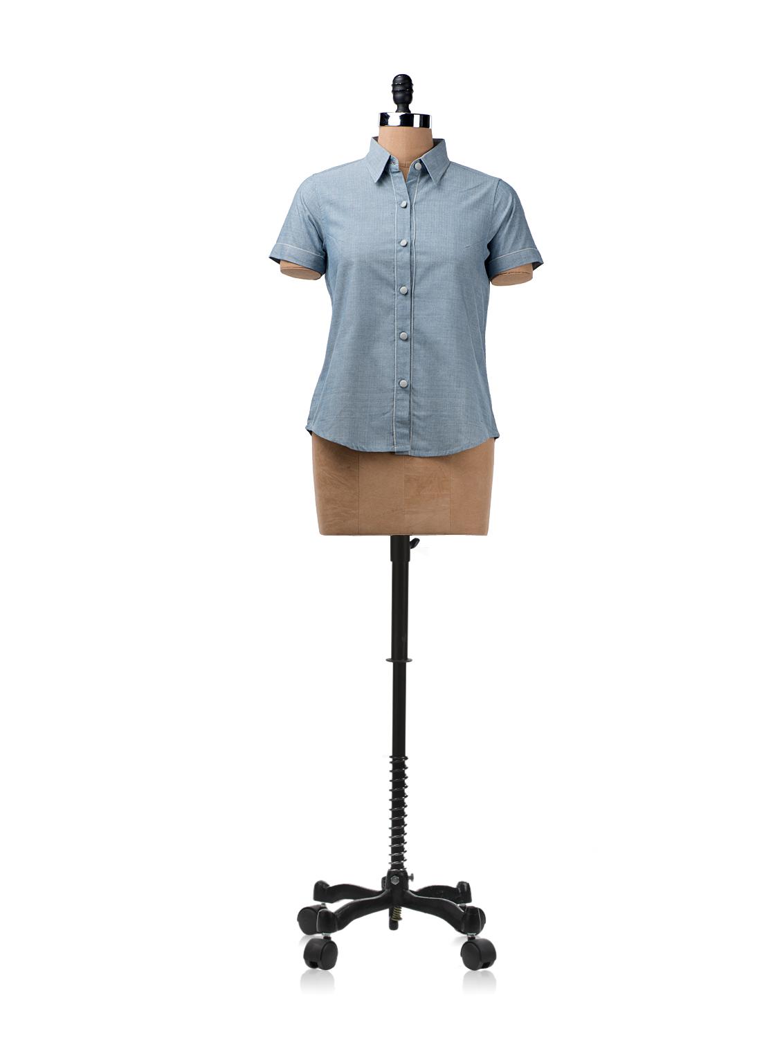 Blue Shirt With Contrasting Piping On The Button Placket - ENAH