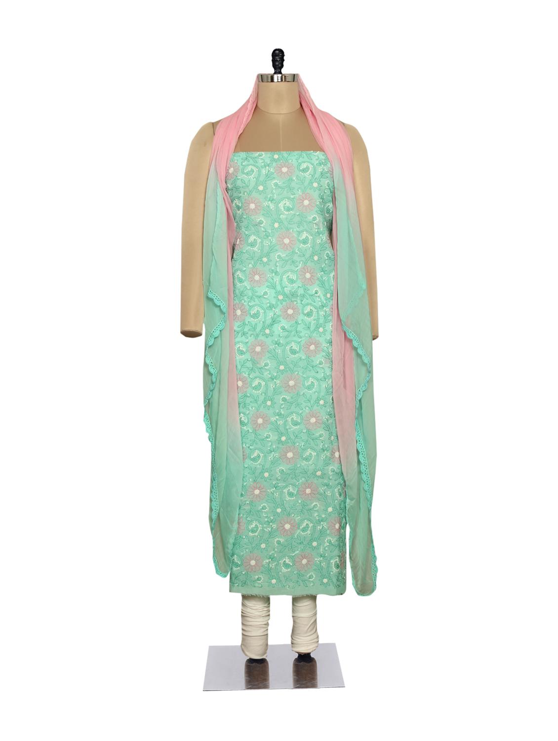 Aqua Green & Pink Embroidered Suit - Ada