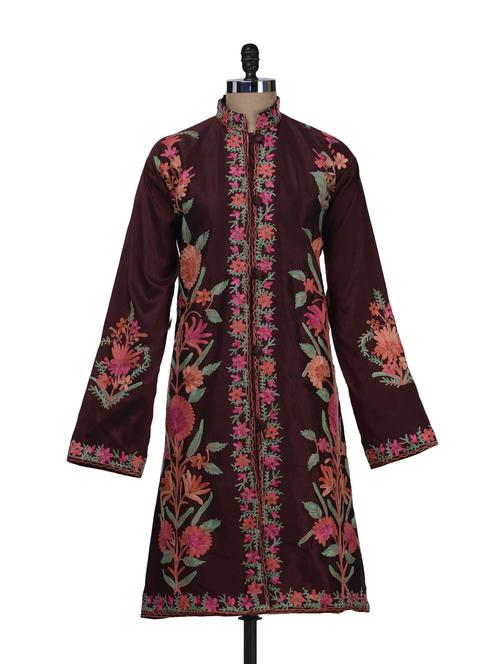 Floral Embroidered Brown Kashmiri Jacket - Inara Robes