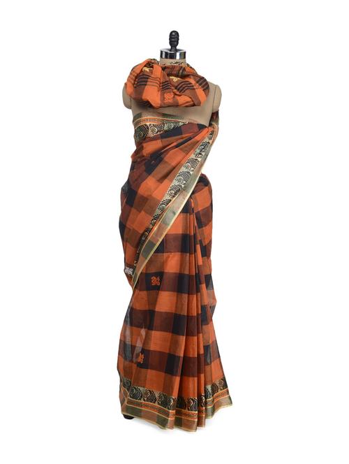 Checked Saree In Orange And Black With Gold Weave Border - Aadrika Saree