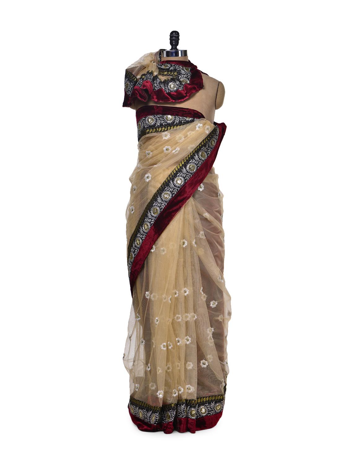 Elegant Beige & Maroon Saree - Get Style At Home