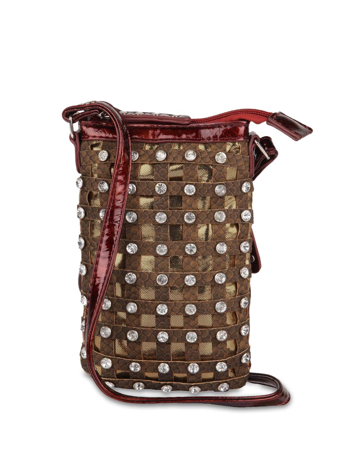Brown Designer Sling Bag With Diamonte Studs - ALESSIA