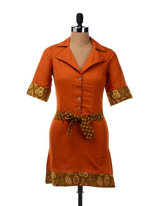 Orange A-Line Collared Buttoned Down Dress - Desiweaves