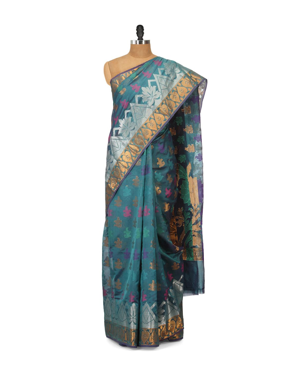 Greenish Blue Printed Cotton Silk Saree - Bunkar