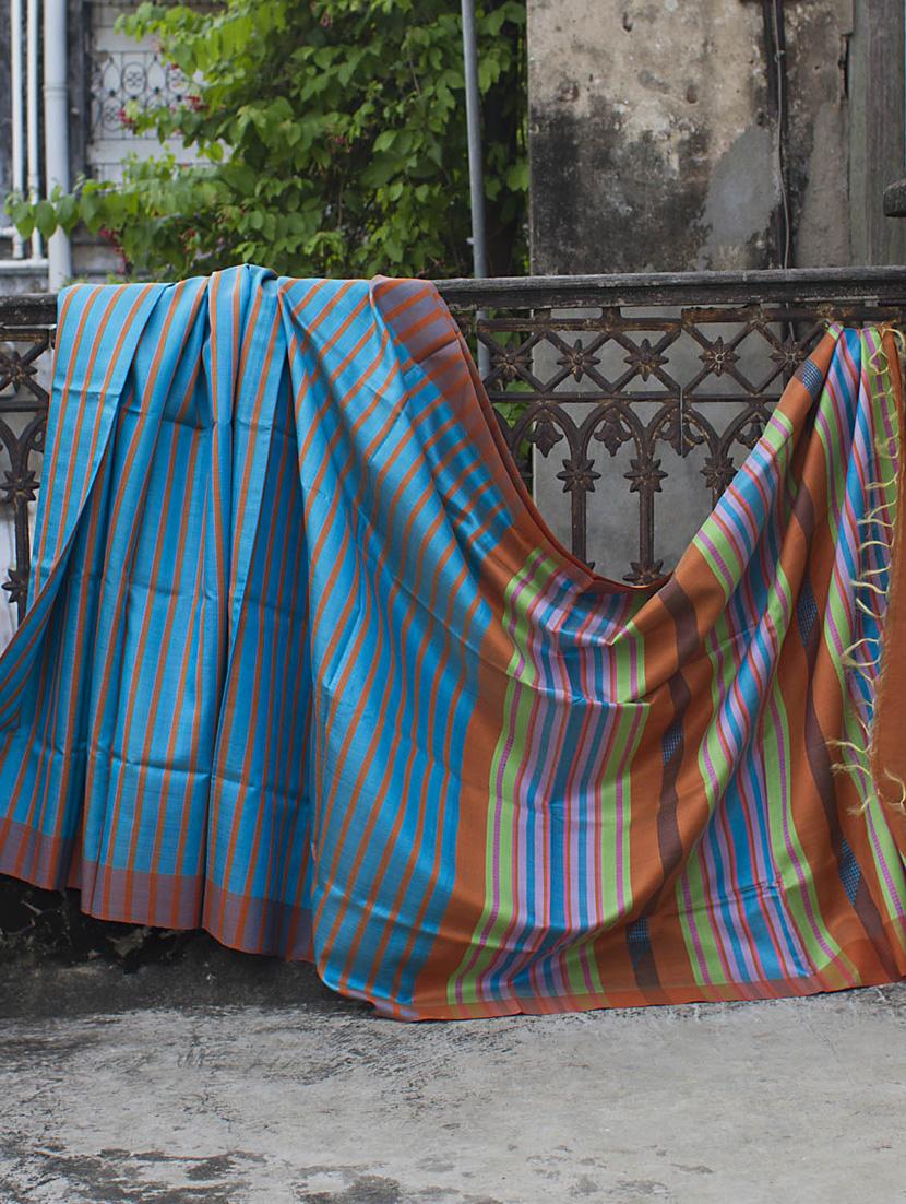 Light Blue And Orange Striped Raw Jute Silk Saree - Cotton Koleksi