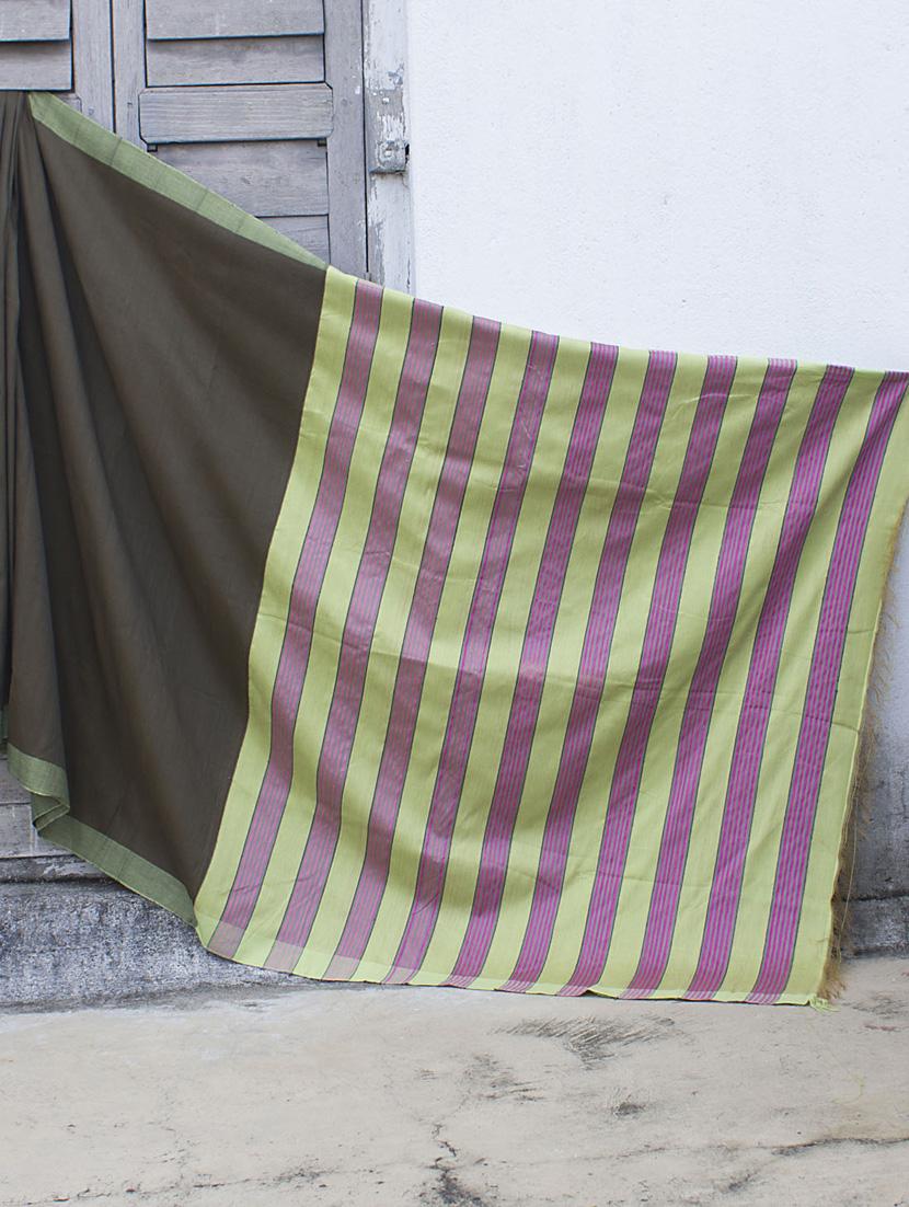 Brown Resham Silk Saree With Striped Aanchal - Cotton Koleksi