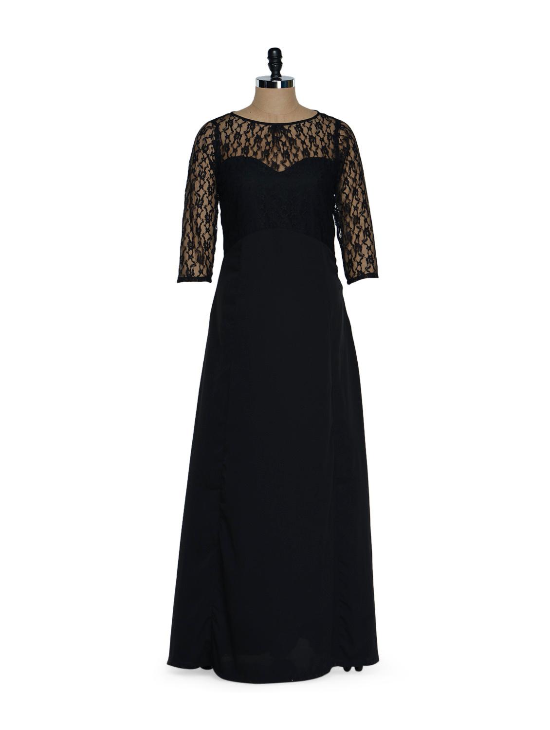 Black Long Dress With Polyester Lace Shoulder And Neck Detailing - Eavan