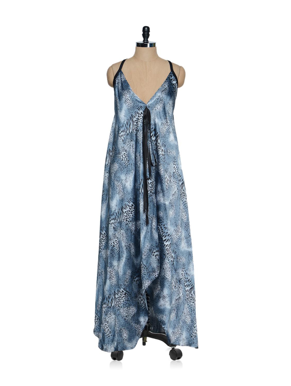 Grey Printed Satin Asymmetrical Long Dress With A Cross Back - Oranje