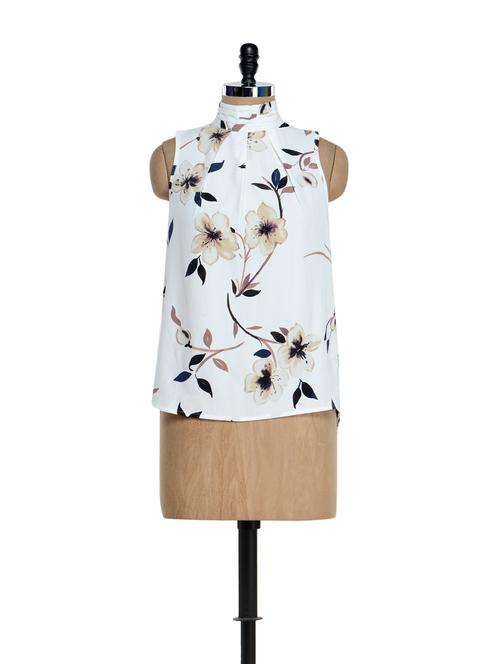 Off-white Floral Print Collar Band Top - Ozel Studio