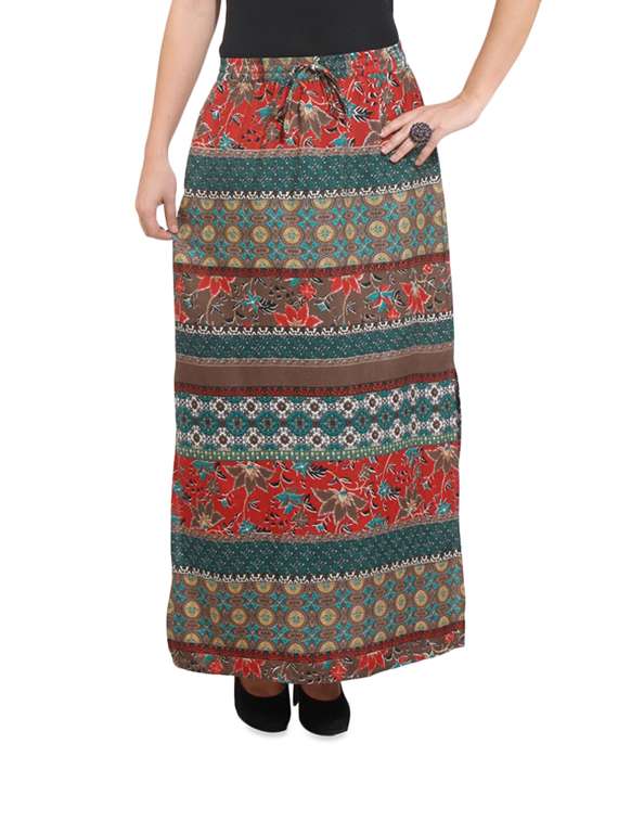 trendy multi-coloured printed long skirt with a side slit