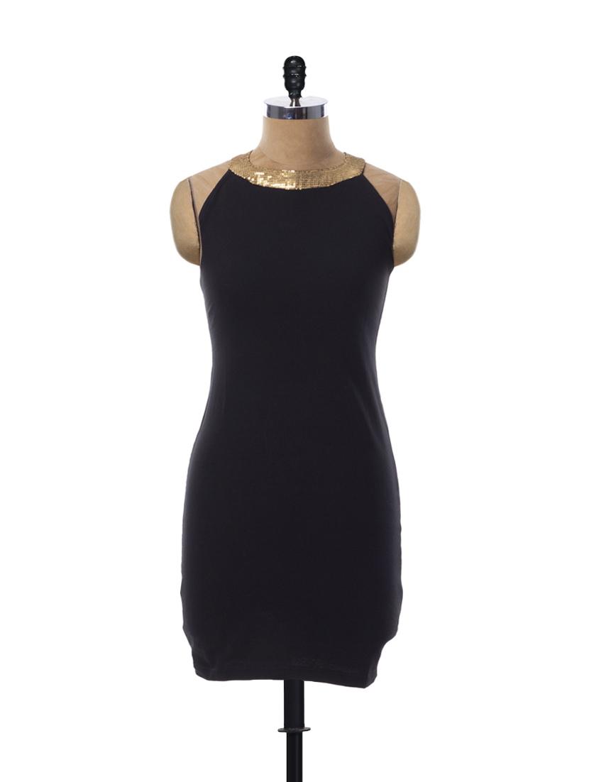 Sexy Black Dress With Golden Sequins On The Neck - Miss Chase