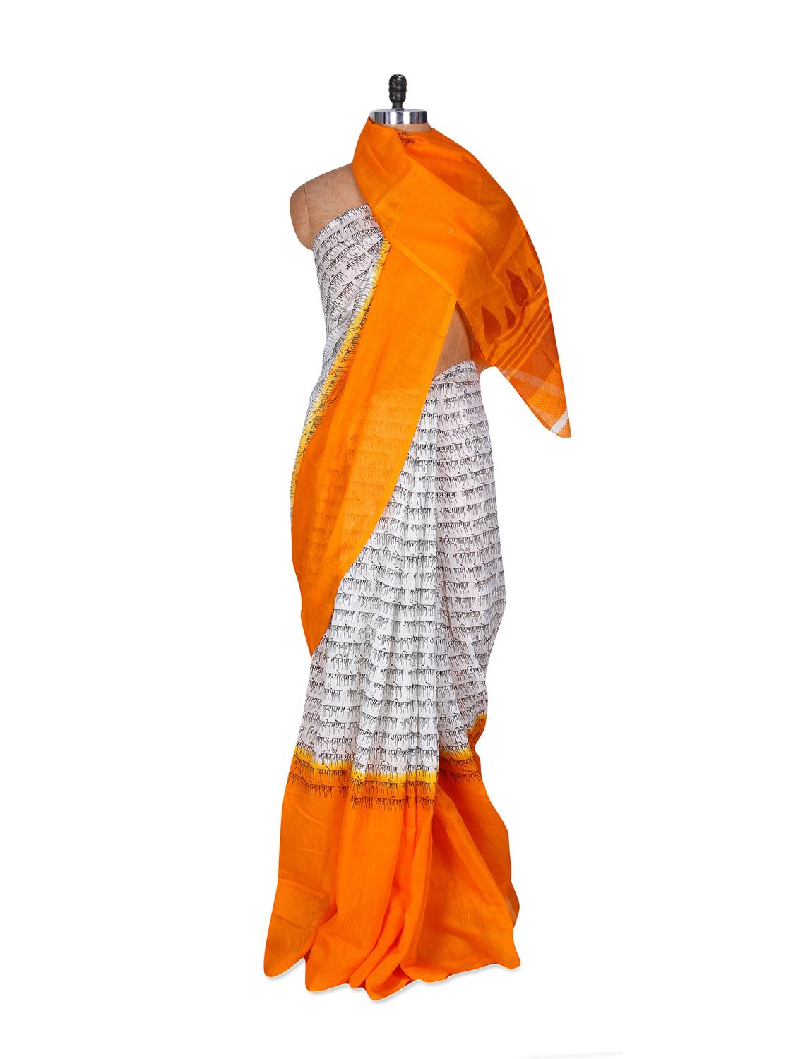 White And Orange Linen Silk Saree - Fabdeal