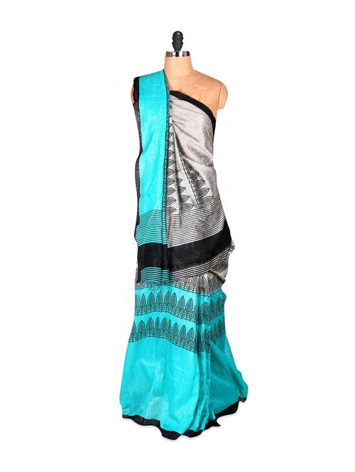 Light Grey And Sky Blue Printed Saree - Saraswati
