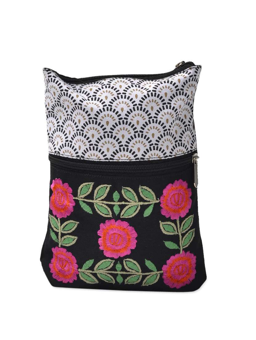 trendy black sling bag with floral embroidery