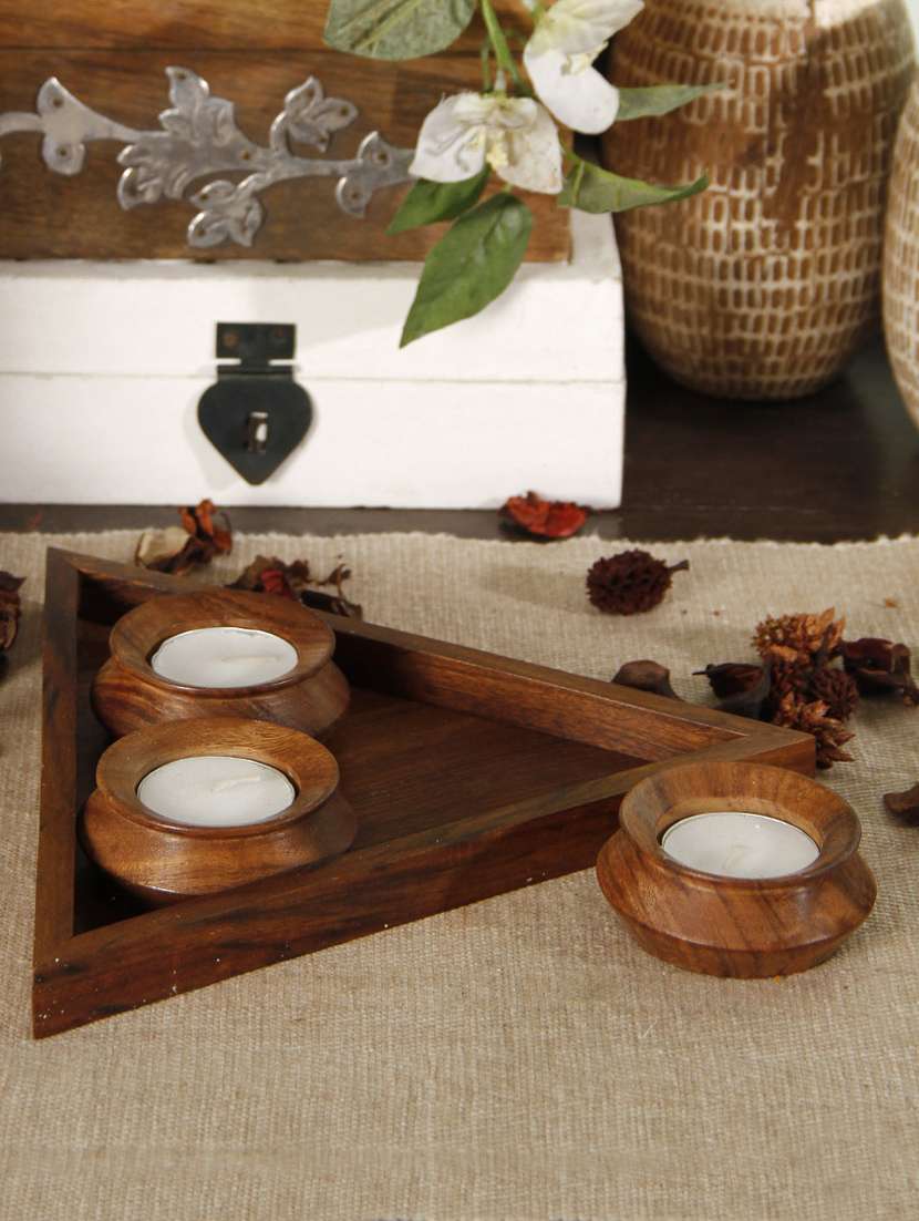 wooden 3 tea-light set with base tray