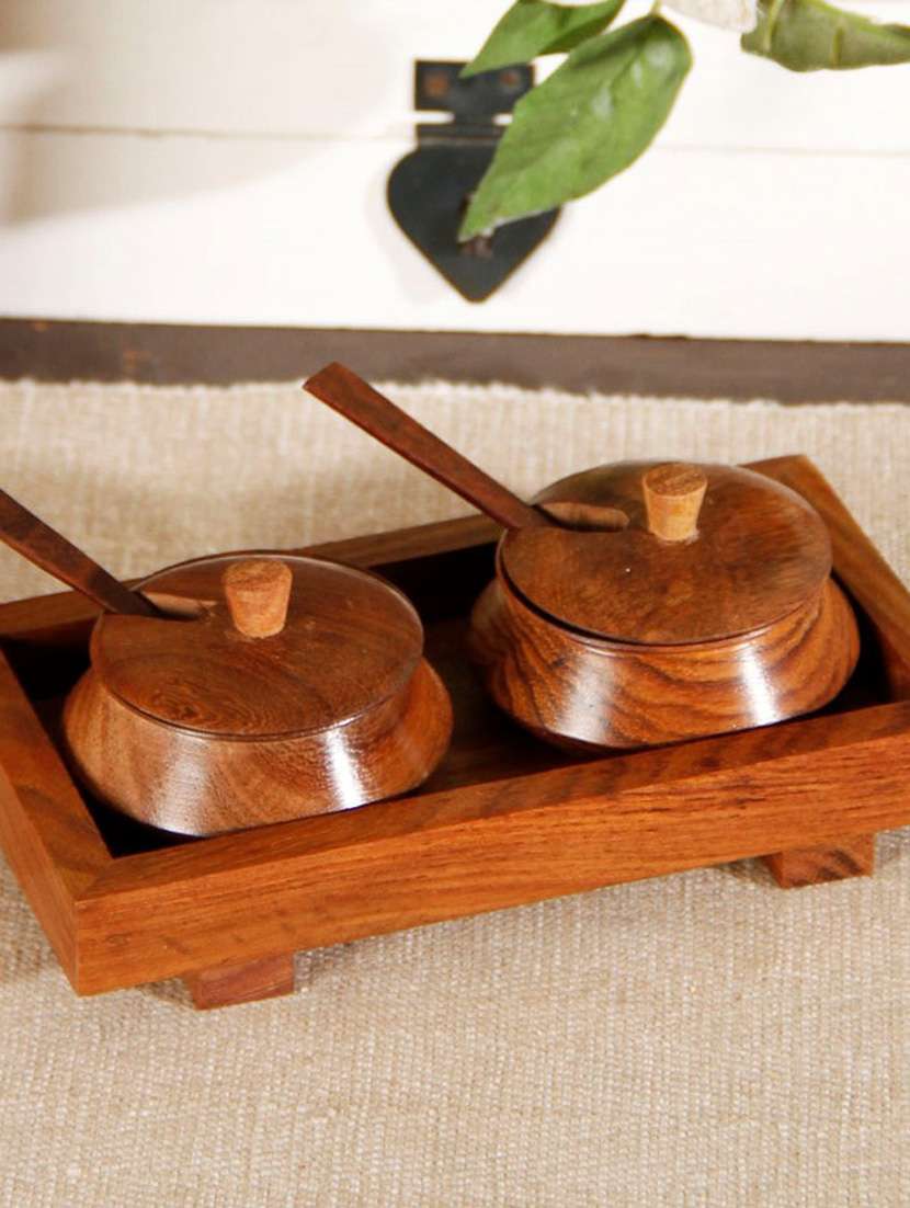 wooden brown 2 jar set with base tray and spoon