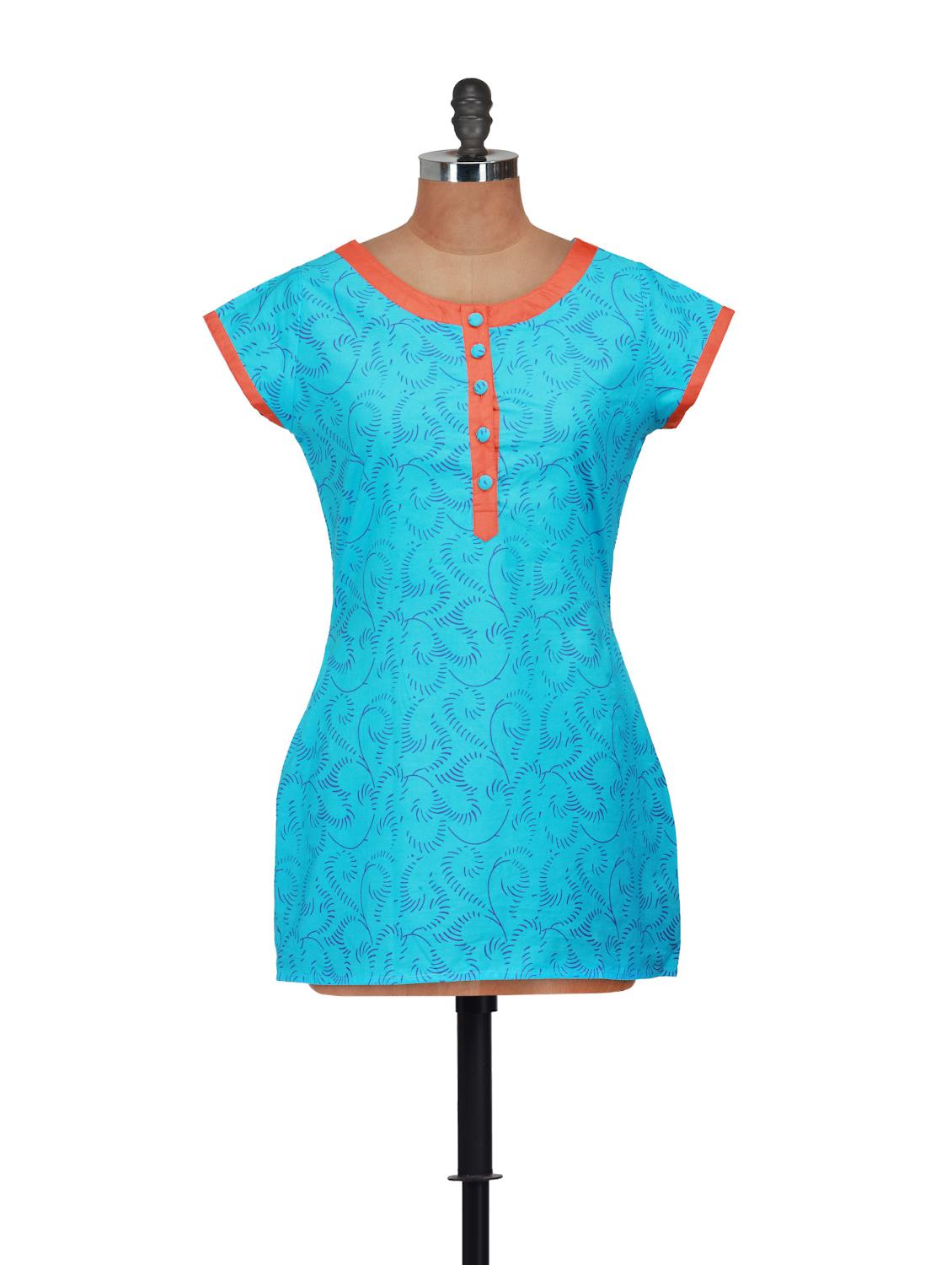 Round Neck Turquoise Printed Tunic - Jajv