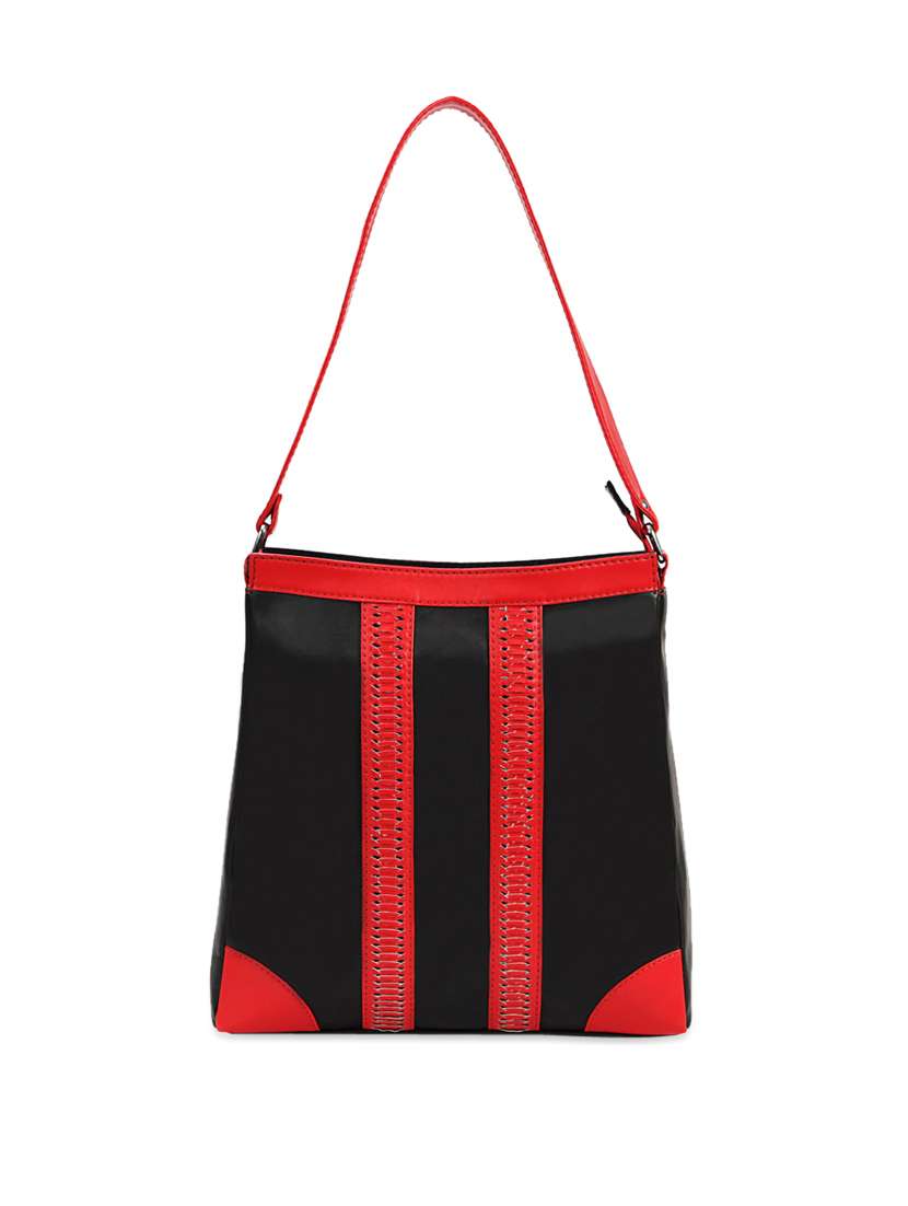 lovely black leather handbag with red straps