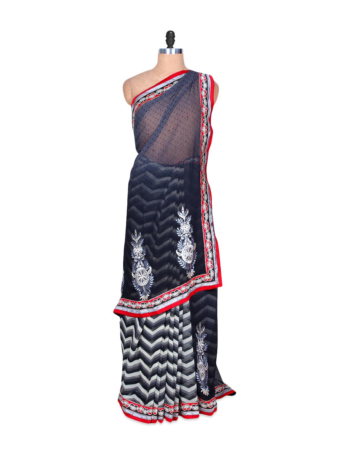 Grey And White Chevron Print Art Silk Saree, With Matching Blouse Piece - Saraswati