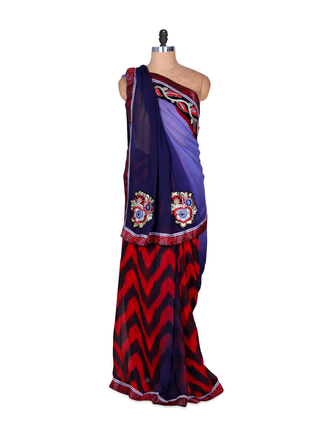 Red And Midnight Blue Zigzag Patterned Art Silk Saree, With Matching Blouse Piece - Saraswati