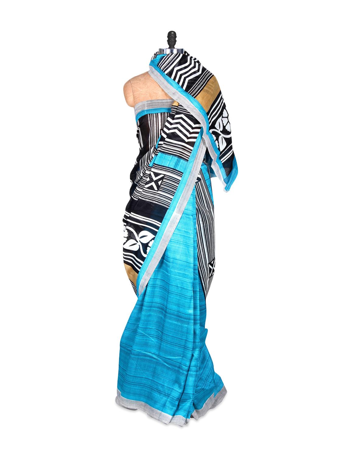 Sky Blue And Black Bhagalpuri Art Silk Printed Fabric Saree, With Matching Blouse Piece - Saraswati