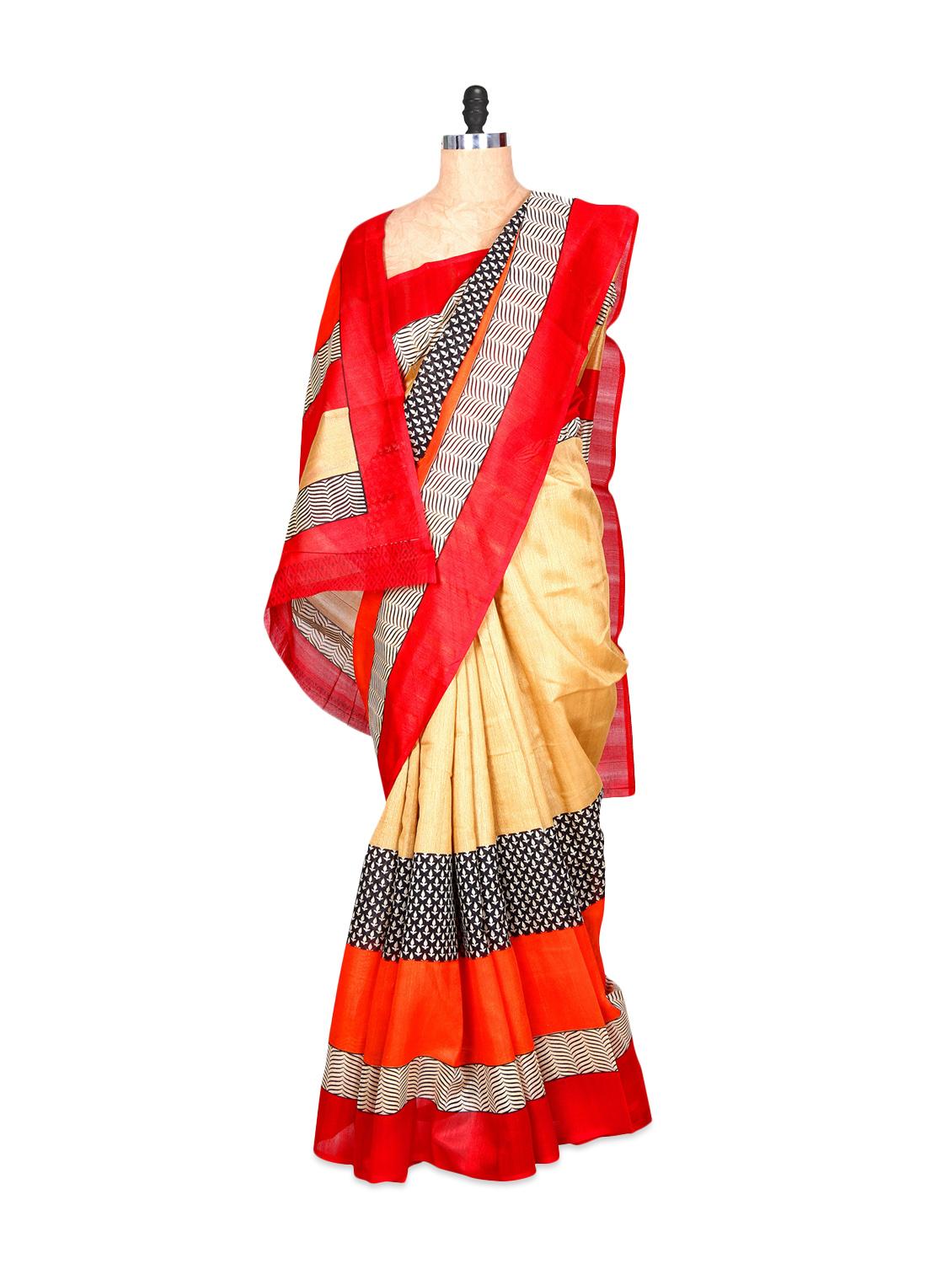 Red And Cream Bhagalpuri Art Silk Printed Fabric Saree, With Matching Blouse Piece - Saraswati
