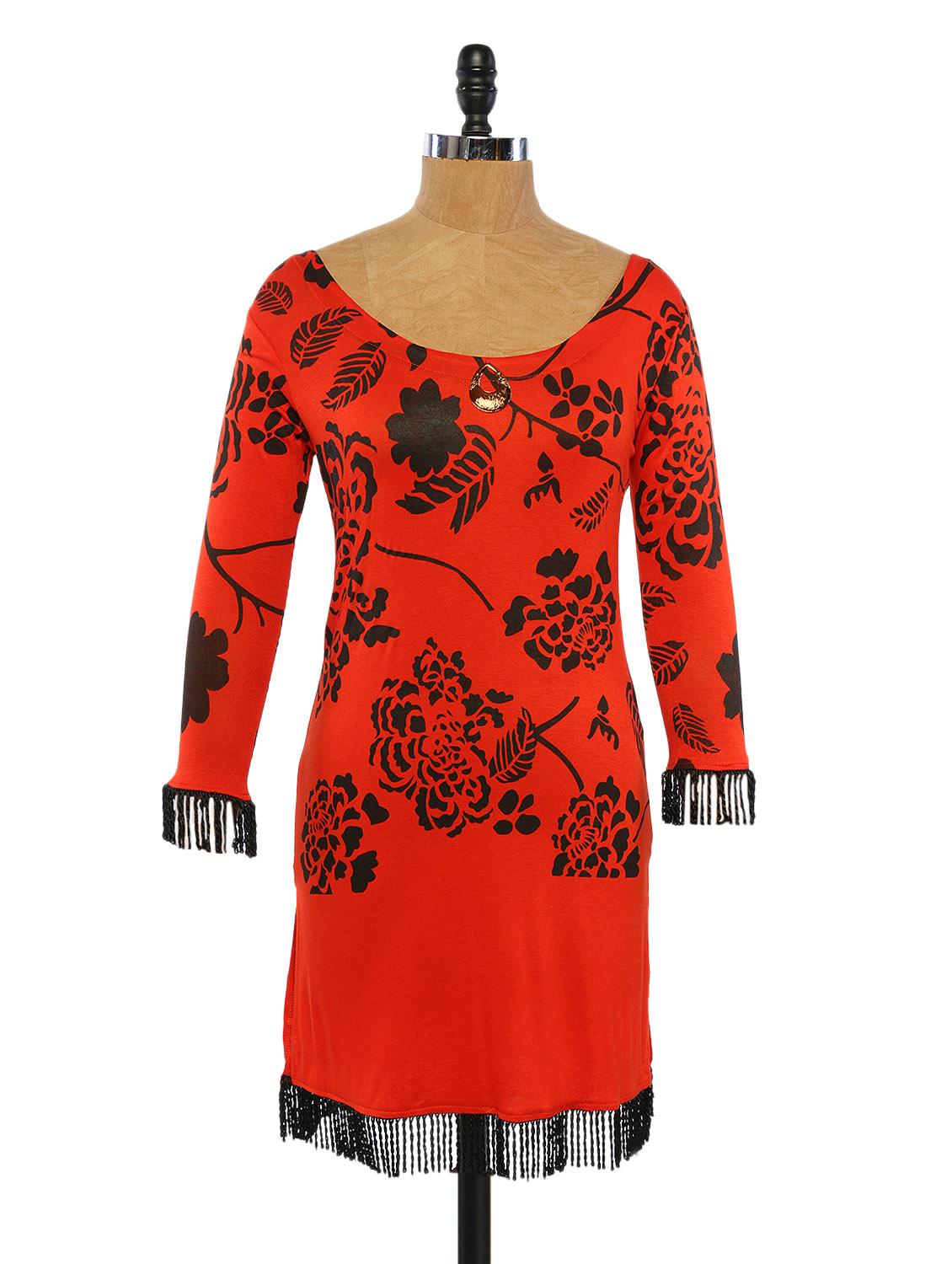 Orange And Black Printed Kurta With Frill On Sleeves And Bottom - Ira Soleil