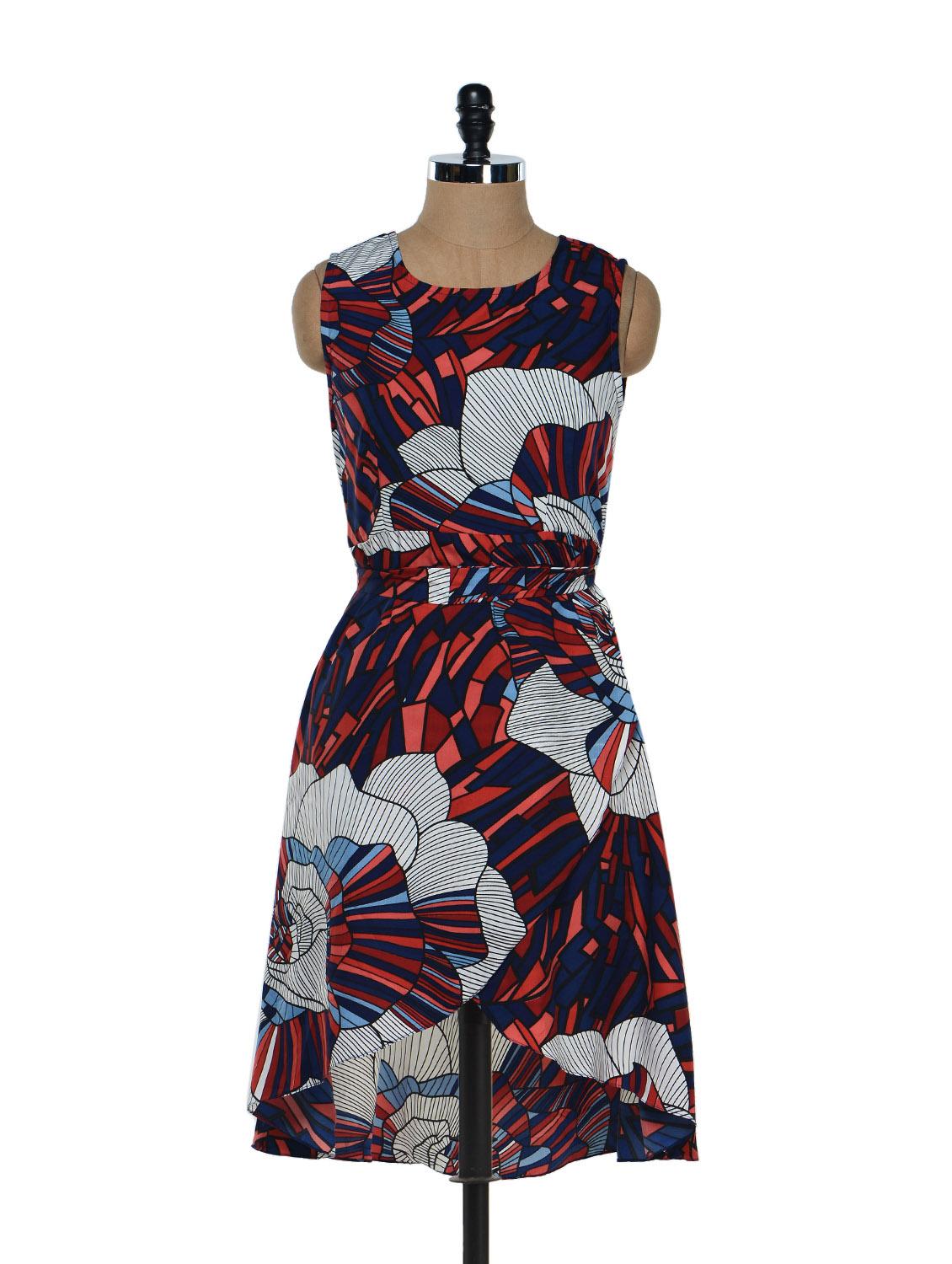 Blue And Red Dress With White Floral Prints - Holidae