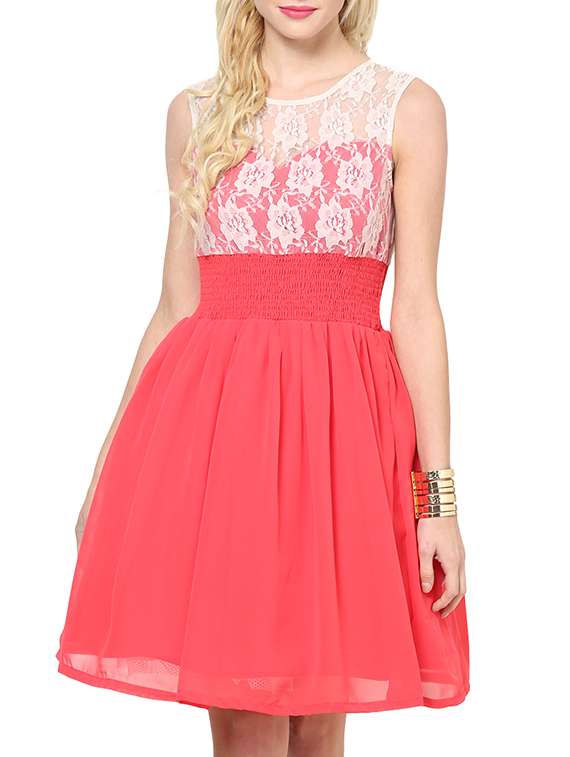 floral lace smocking detail dress