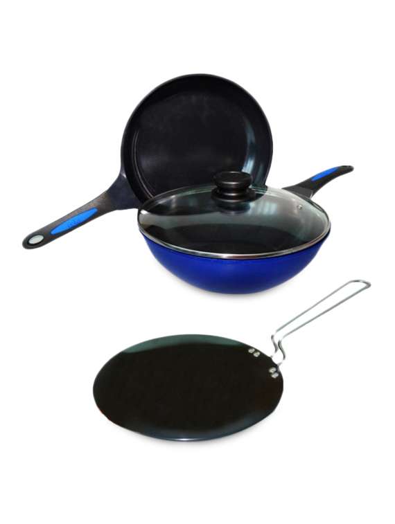 blue wok and frying pan