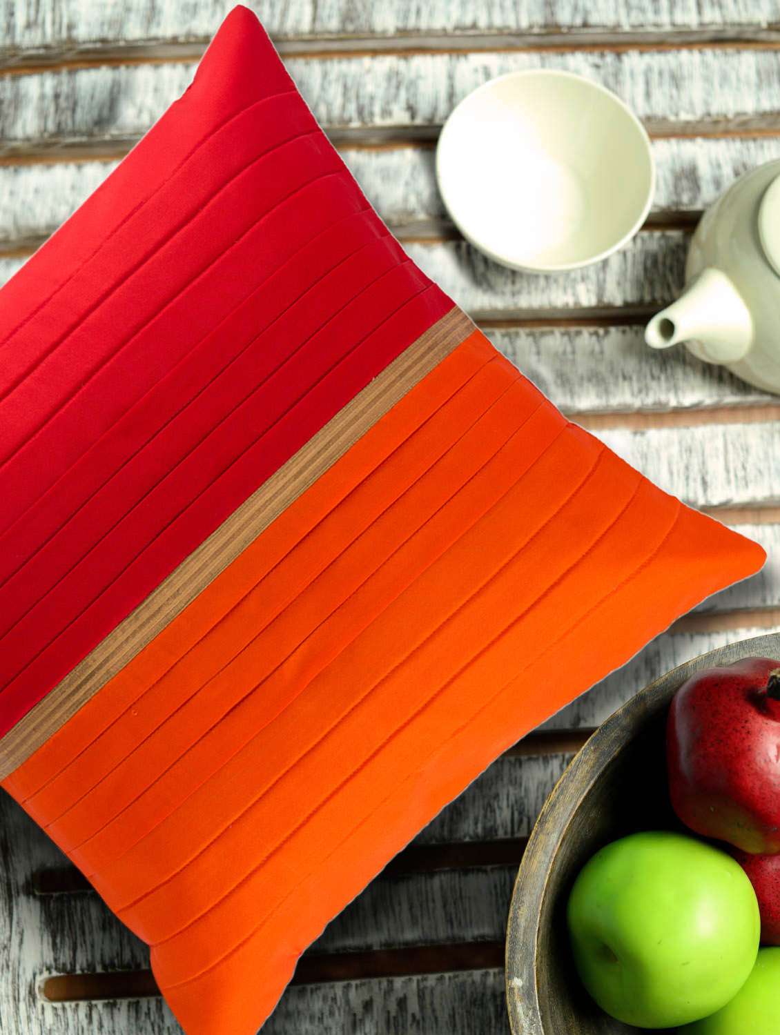 red and orange broad pleated cushion cover with gold band