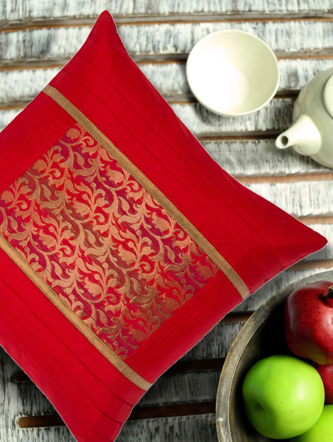 red floral chanderi silk cushion cover
