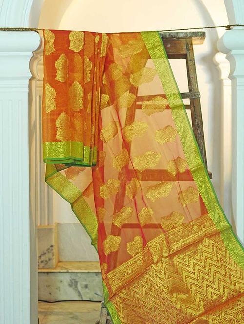 Rust And Green Kora Silk Saree - KAASI