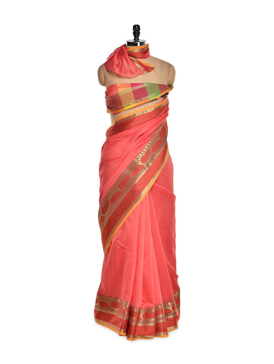 Coral Cotton Silk Saree With Zari Work - Bunkar
